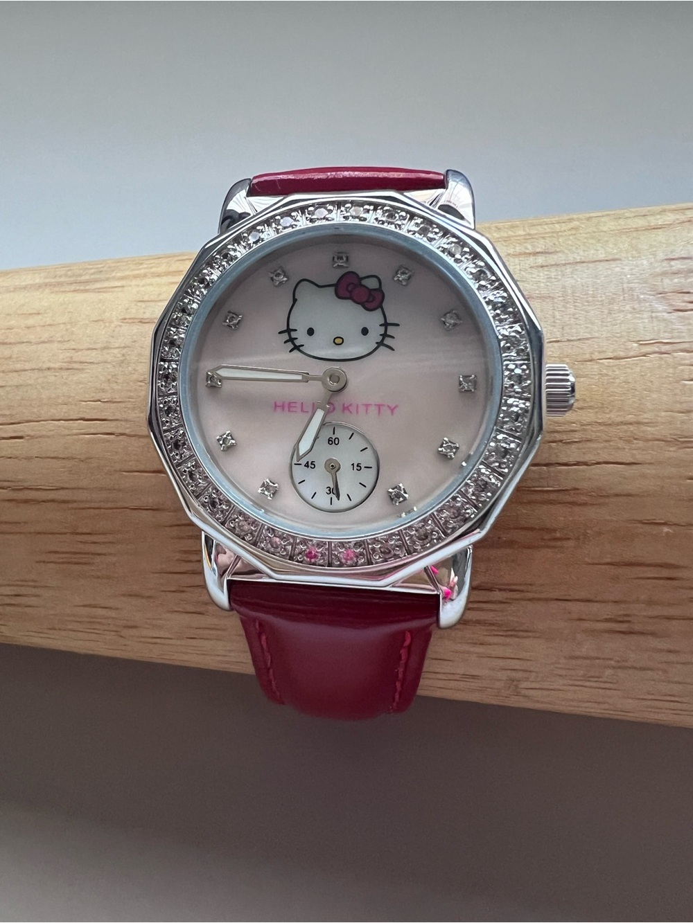Vintage Sanrio Hello Kitty CZ Crystal Watch Patent Red Leather Band